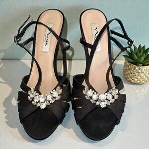 Black Satin Wedge Sandals with Rhinestones